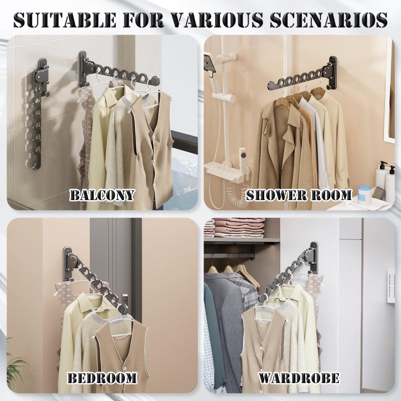 iMonse Wall Mounted Clothes Hanger Rack Folding Wall Mounted Clothes Hanger for Laundry With Swing Arm Space Saving Closet Storage Organizer Heavy Duty Coat Hook For Bathroom Bedroom Black 2-Pack - Image 3